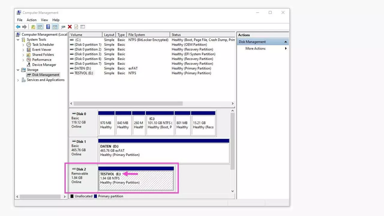 Image: Gestion des disques Windows avec des disques reconnus