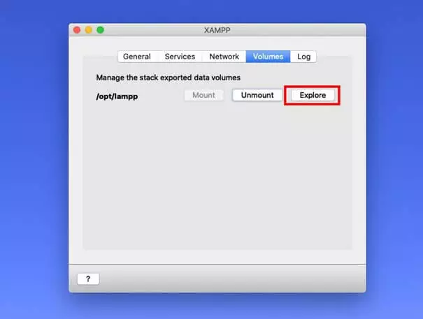 Image: Interface XAMPP dans l’élément de menu « Volumes »