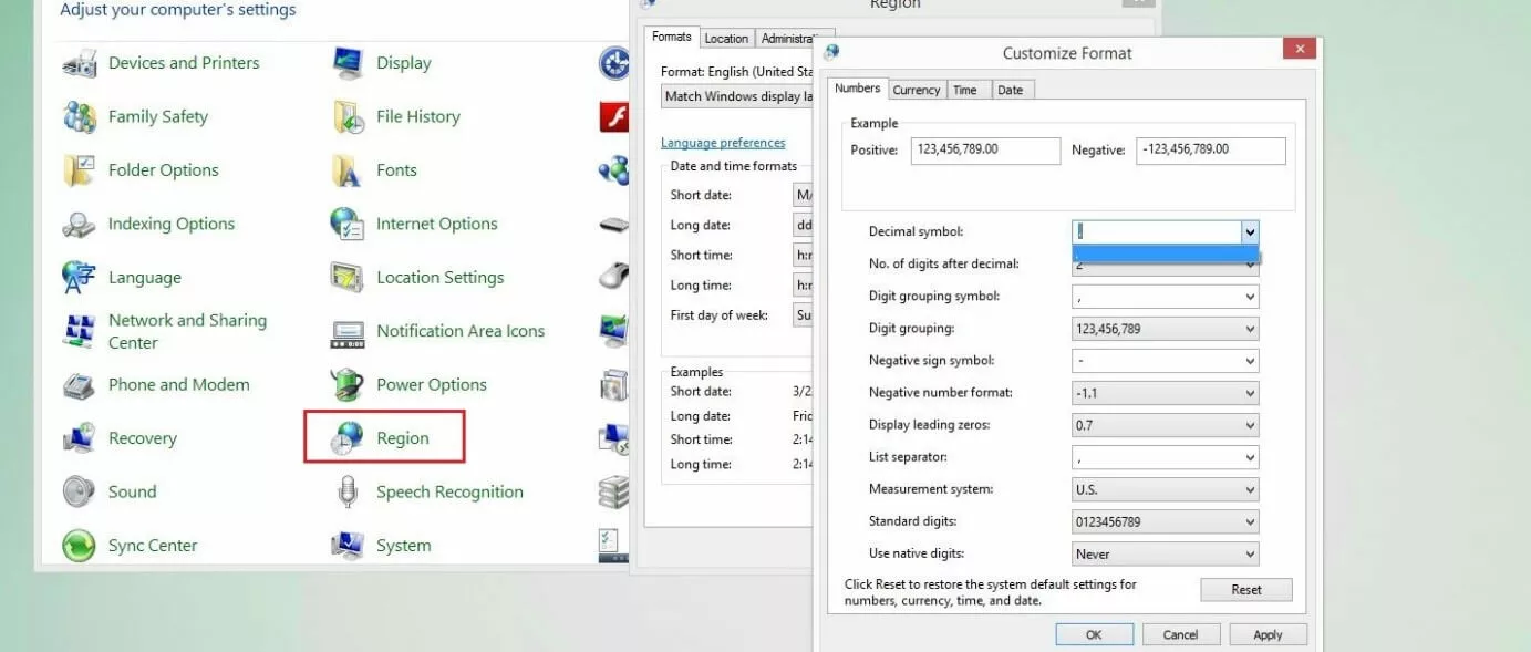 Image: Panneau de configuration de Windows : ajustements du format dans le menu « Région »