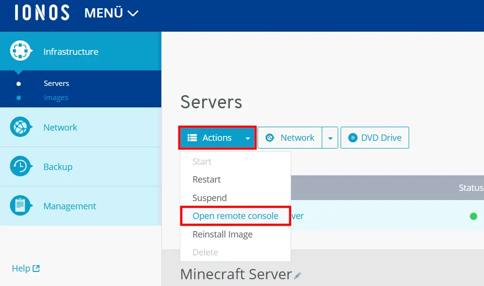 Image: IONOS Cloud Panel : ouverture de la console distante