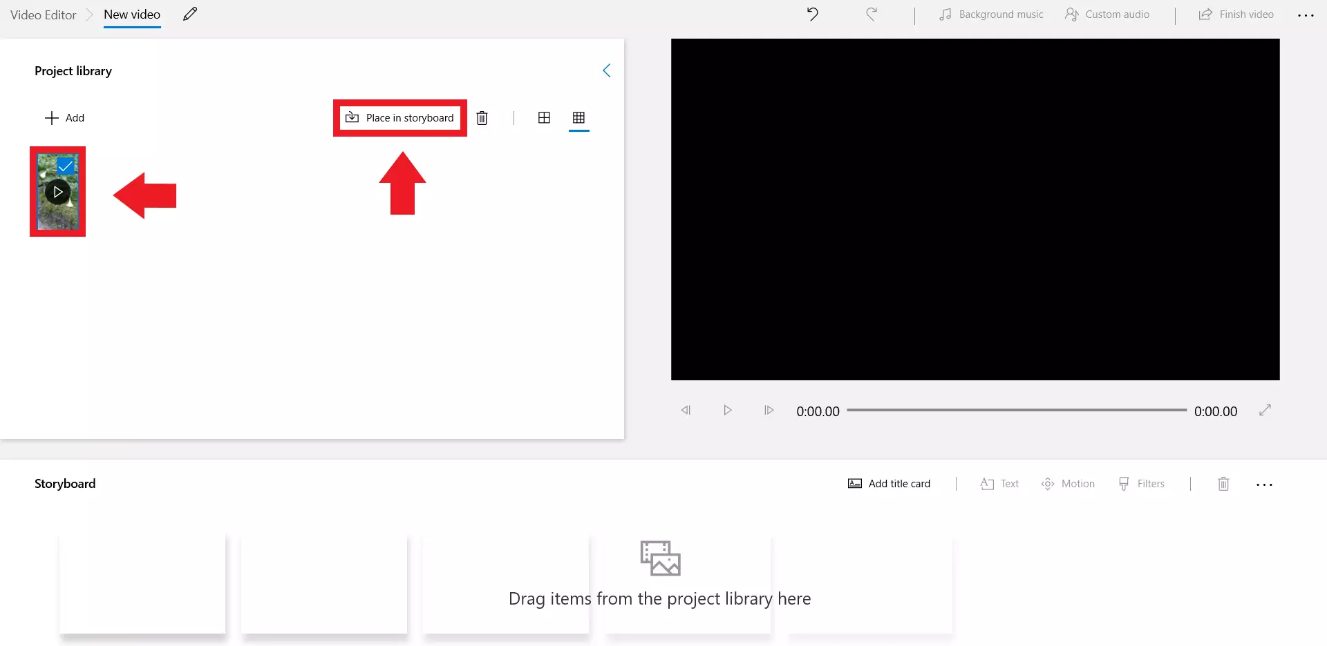 Cliquez sur la vidéo puis sur « Placer dans le scénarimage »