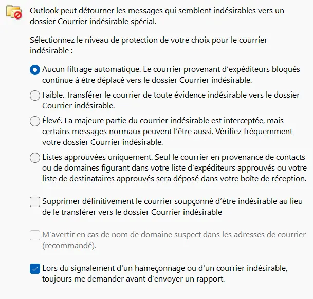 Image: Options du filtre d’email d’Outlook