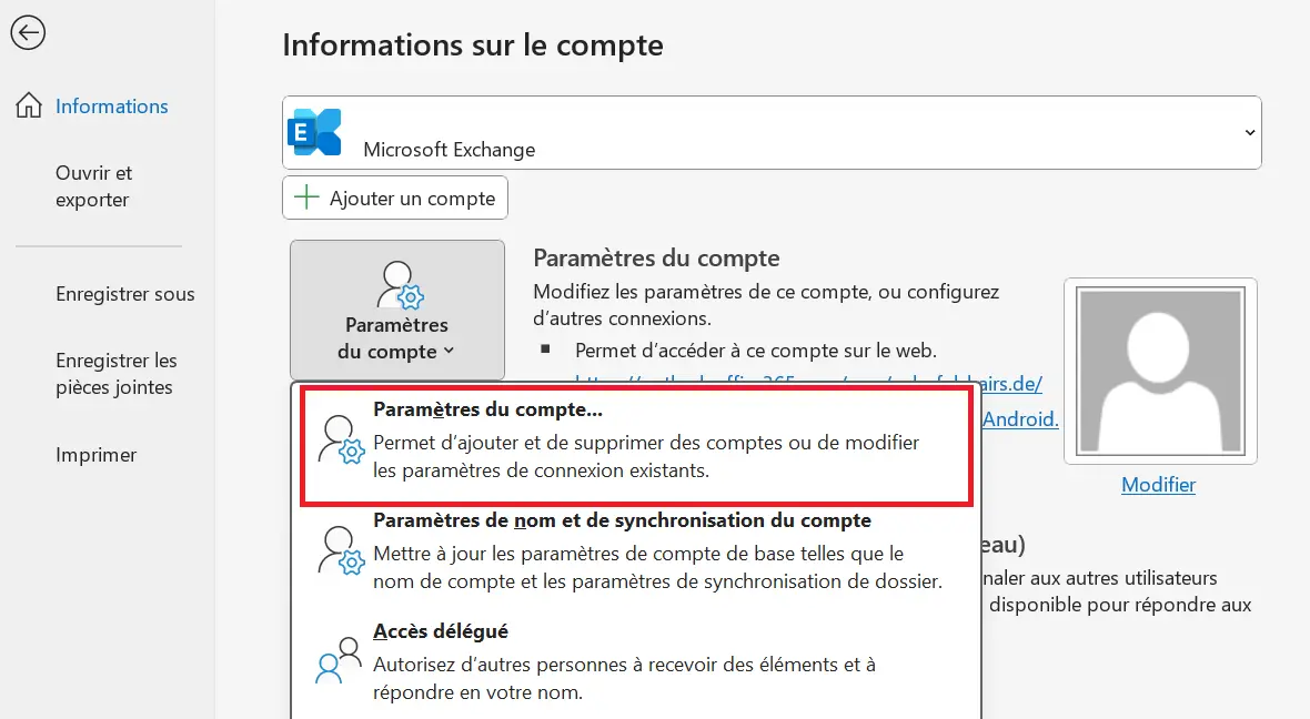 Image: Application de bureau Outlook : informations sur le compte dans l’onglet « Fichier »