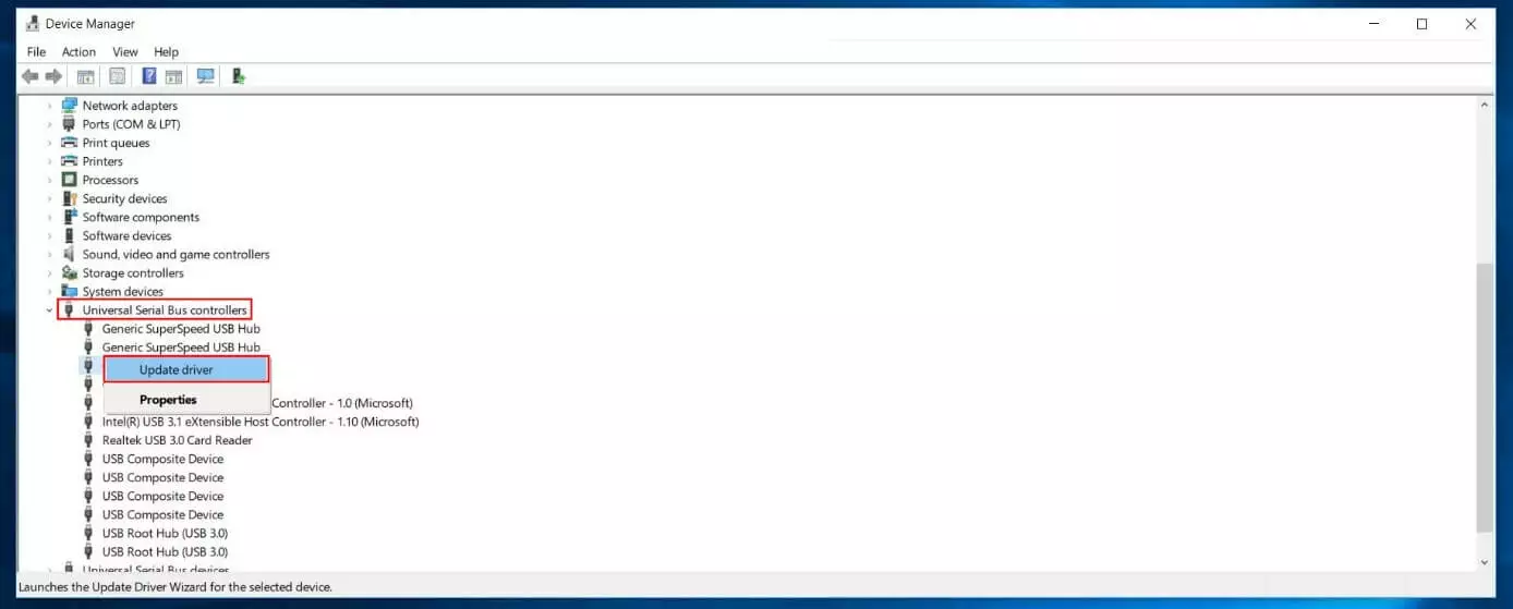 Image: Gestion des contrôleurs USB dans le Gestionnaire de périphériques de Windows 10