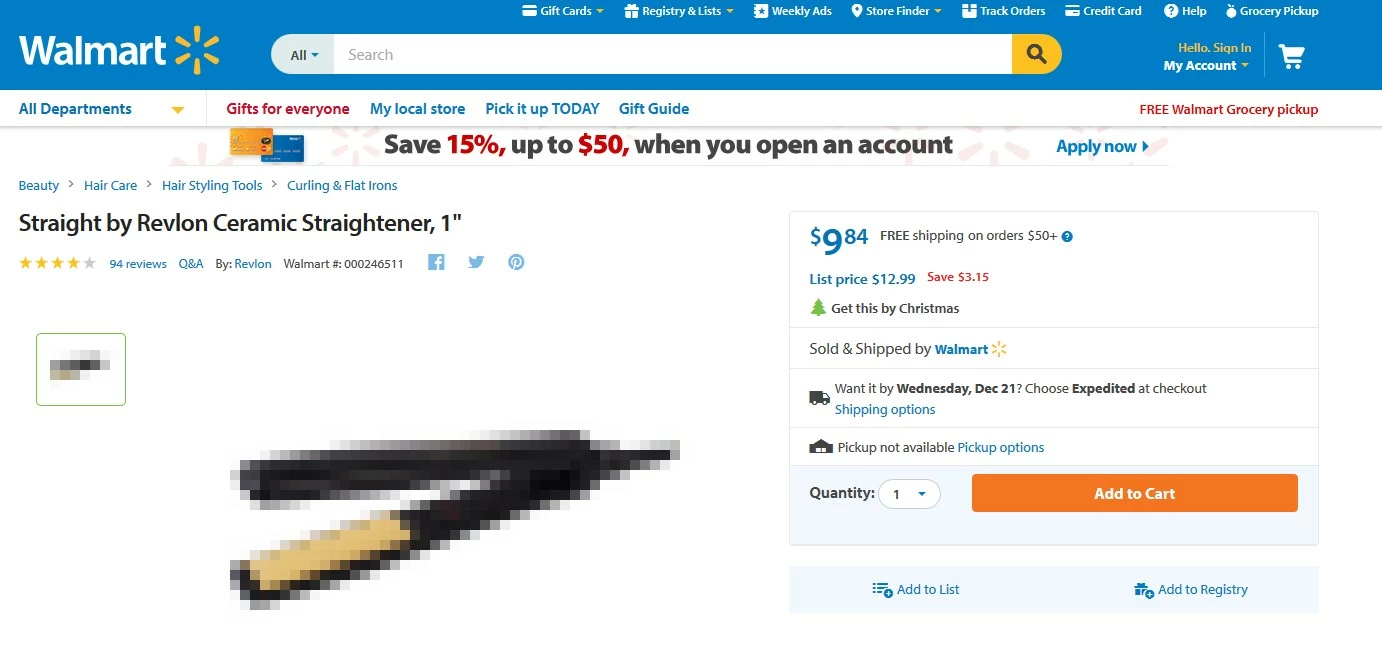 fer à lisser Revlon, distribué par Walmart