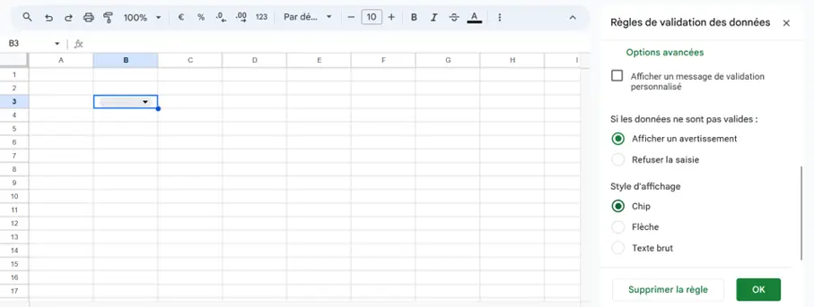 Google Sheets : option « Afficher un avertissement » de la liste déroulante Image: Google Sheets : option « Afficher un avertissement » de la liste déroulante