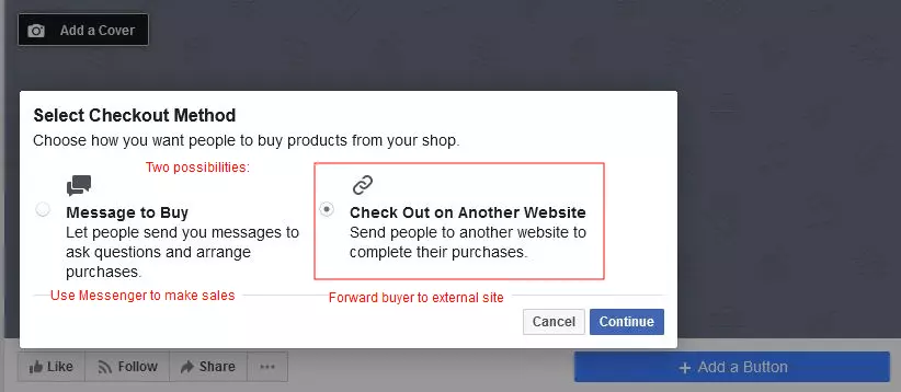 Créez une boutique sur Facebook : menu à partir duquel vous sélectionnez votre méthode de vente