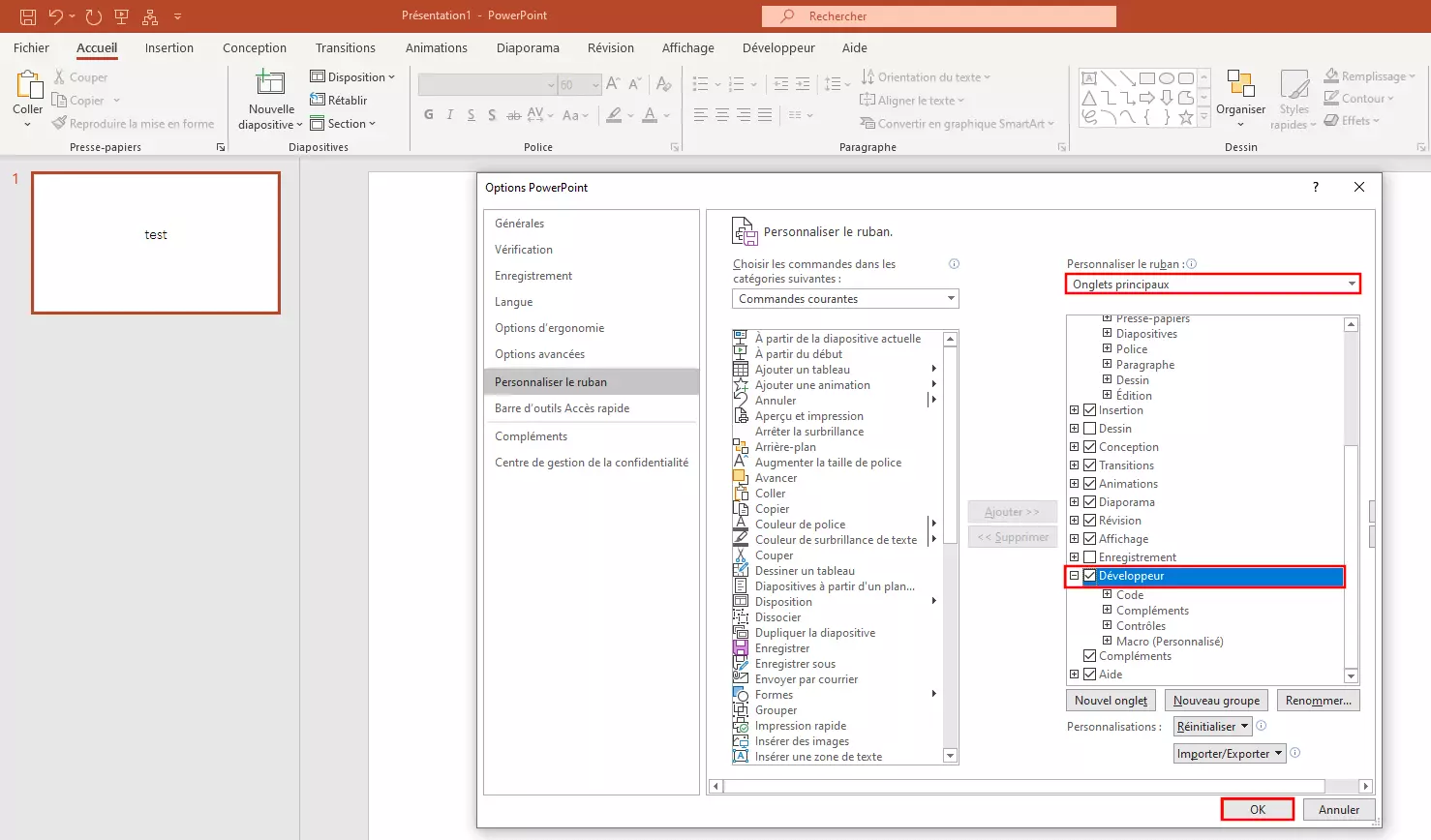 Image: fenêtre avec les options PowerPoint dans PowerPoint 