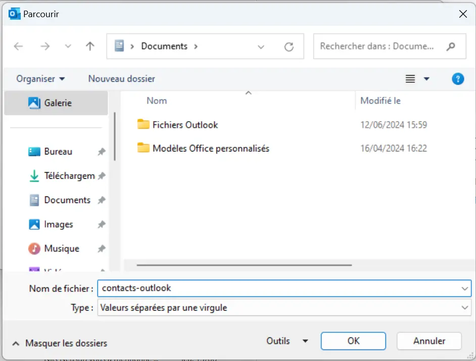 Image: Outlook 365 : choix de l’emplacement de stockage pour l’exportation de fichiers