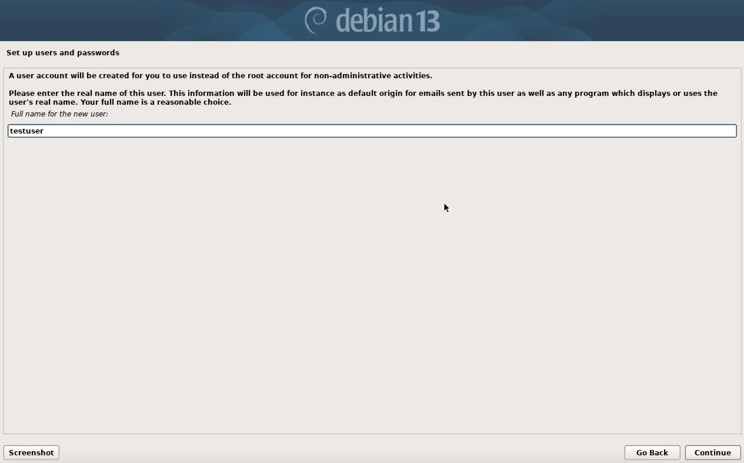 Image: Capture d&rsquo;&eacute;cran de l&rsquo;installation de Debian 13 : d&eacute;finir un utilisateur