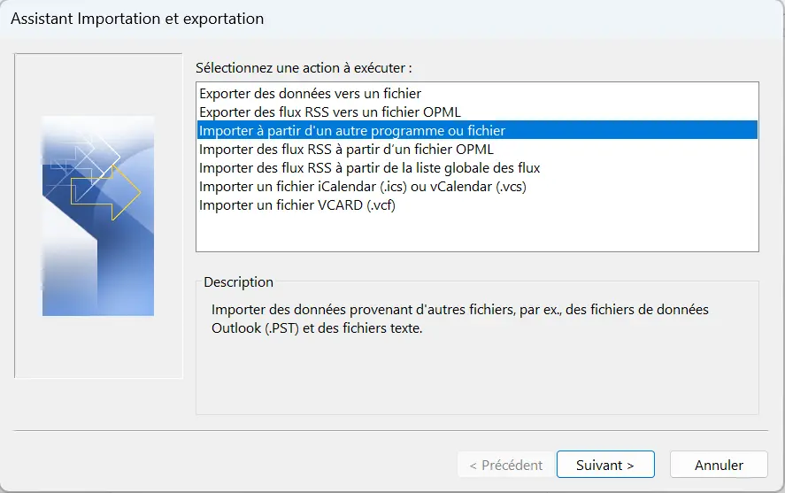 Assistant Importation et exportation d’Outlook avec différentes options Image: Assistant Importation et exportation d’Outlook avec différentes options