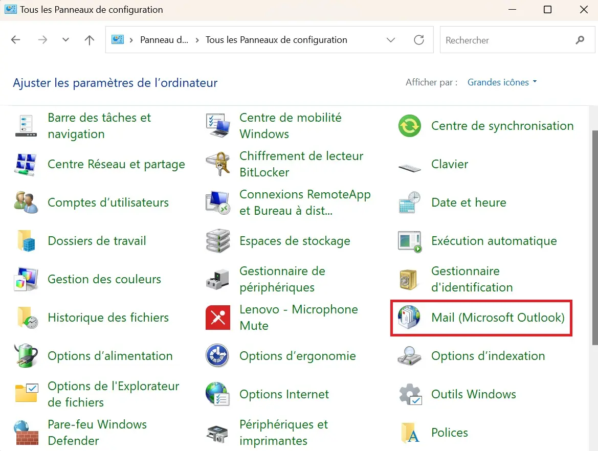 Image: Panneau de configuration Windows : Mail