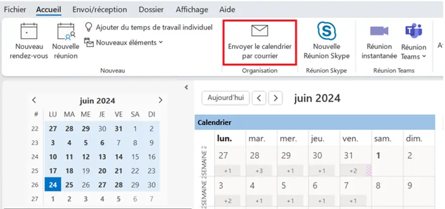 Image: Microsoft Outlook : barre d’outils de l’affichage du calendrier dans l’onglet « Accueil »