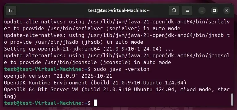 Image: Ubuntu 24.04 : vérification de la version de Java dans le terminal
