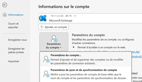 Image: Menu Outlook « Paramètres du compte »