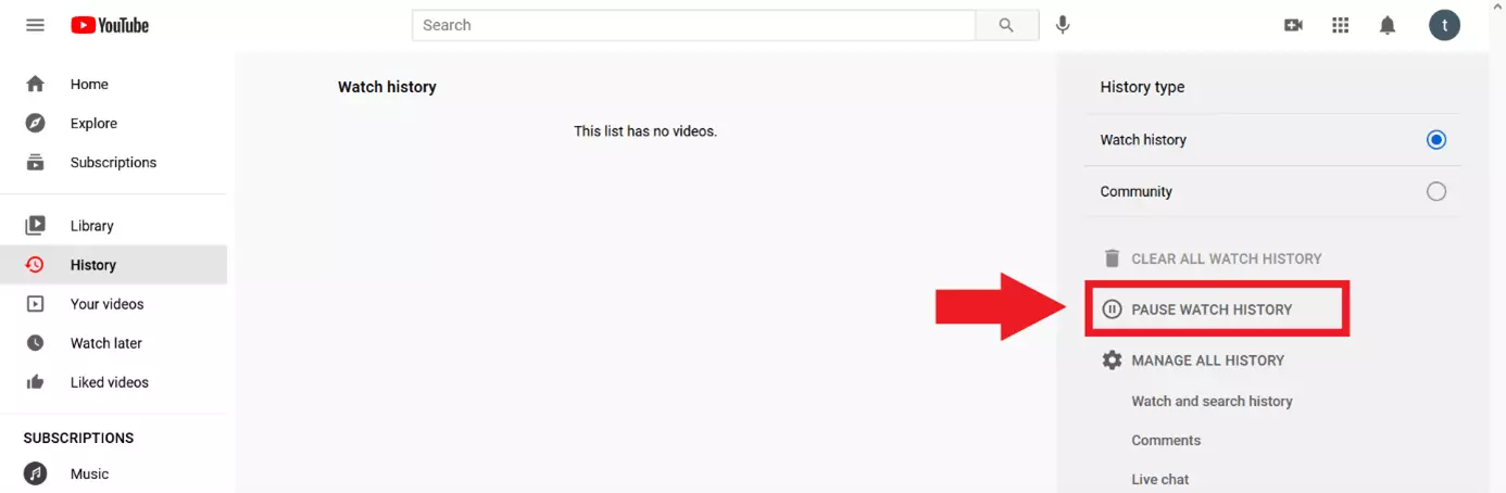 Image: YouTube : suspendre l’historique