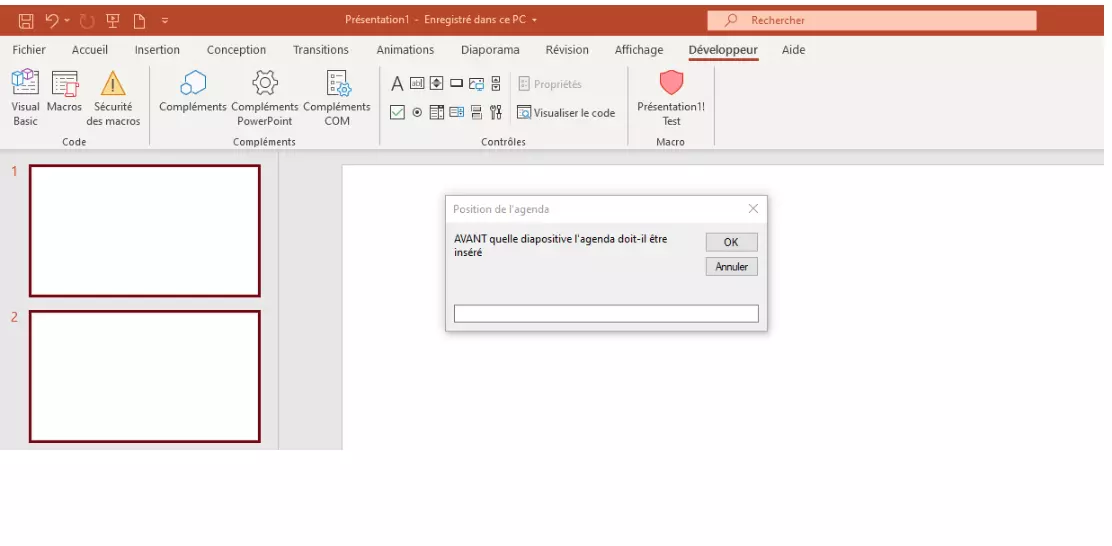 Image: PowerPoint 365 : boîte de dialogue Macros « Entrer un titre »