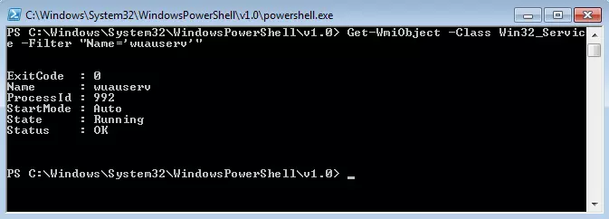 Image: Résultats de la pipeline Get-WmiObject -Machinename -Class Win32_Service -Filter "Name=‘wuauserv’"