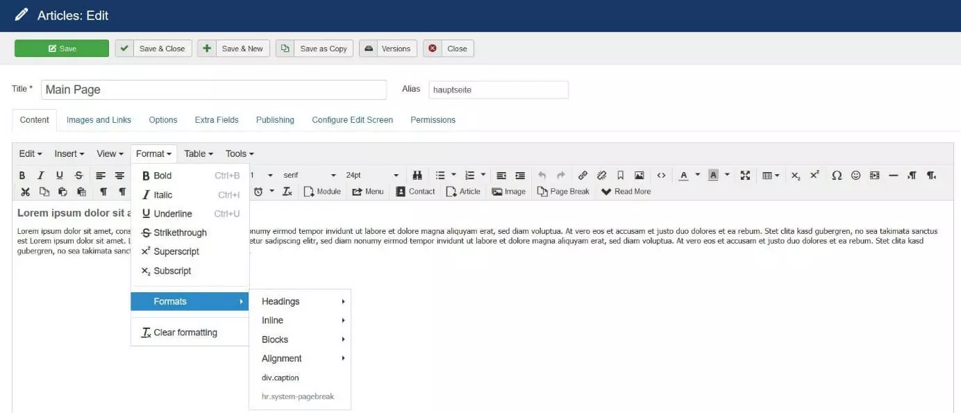 Image: Fenêtre de création d’un nouvel article sur Joomla