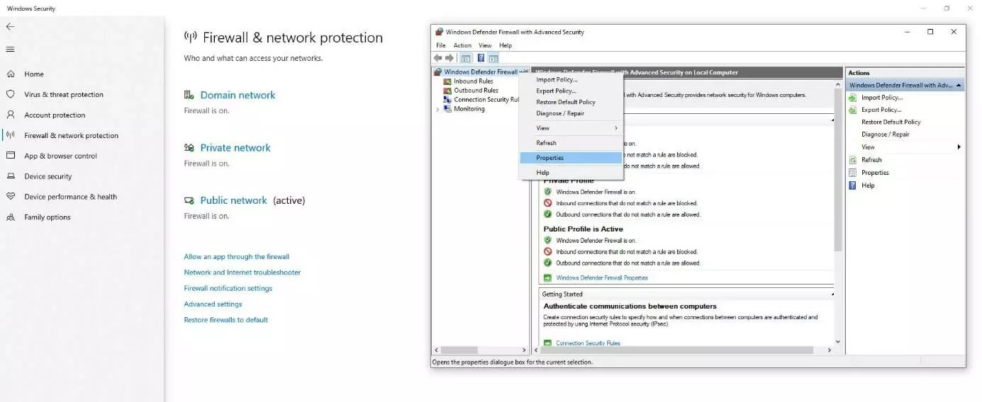 Image: Paramètres du pare-feu sous Windows