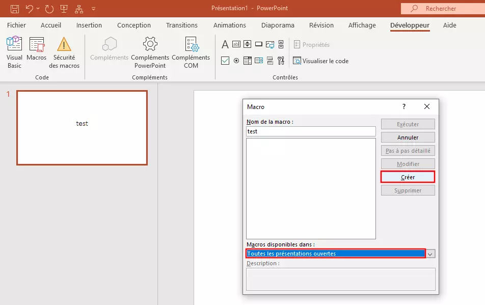Image: Créer une macro dans PowerPoint 365