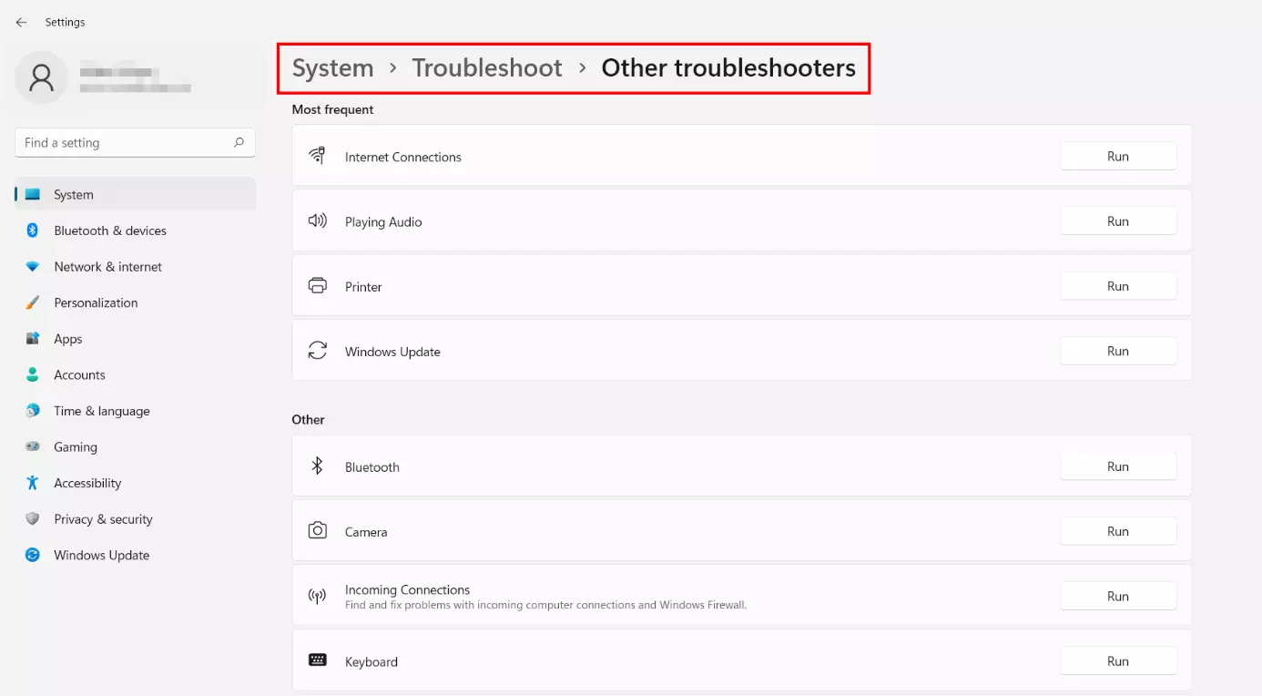 Image: Windows 11 : menu « Autres utilitaires de résolution des problèmes »
