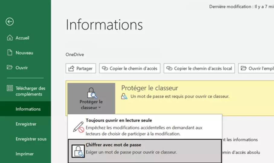 Illustration du menu « Fichier » > « Informations » > « Protéger le classeur » Illustration du menu « Fichier » > « Informations » > « Protéger le classeur »