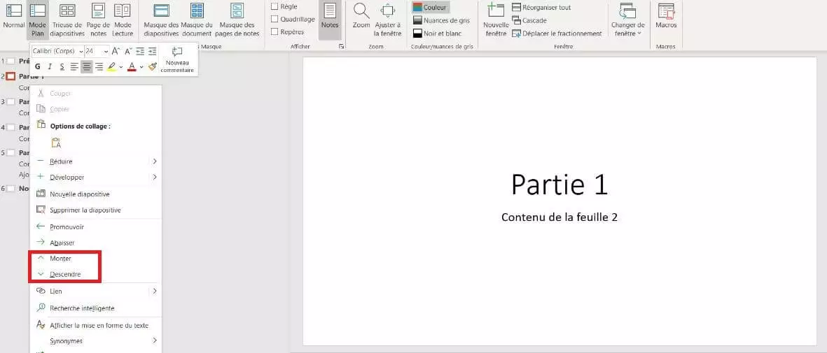 Image: mode plan de Powerpoint : modifier la hiérarchie