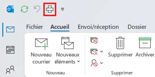 Outlook avec l’icône « Imprimer » dans la barre d’outils Image: Outlook avec l’icône « Imprimer » dans la barre d’outils
