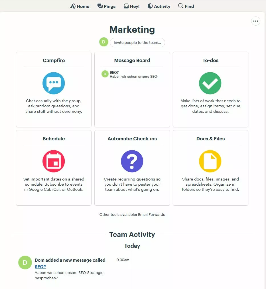 Page d’équipe de Basecamp