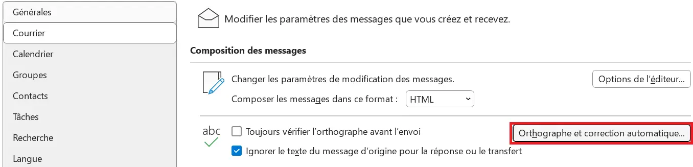 Image: Menu « Courrier » d’Outlook