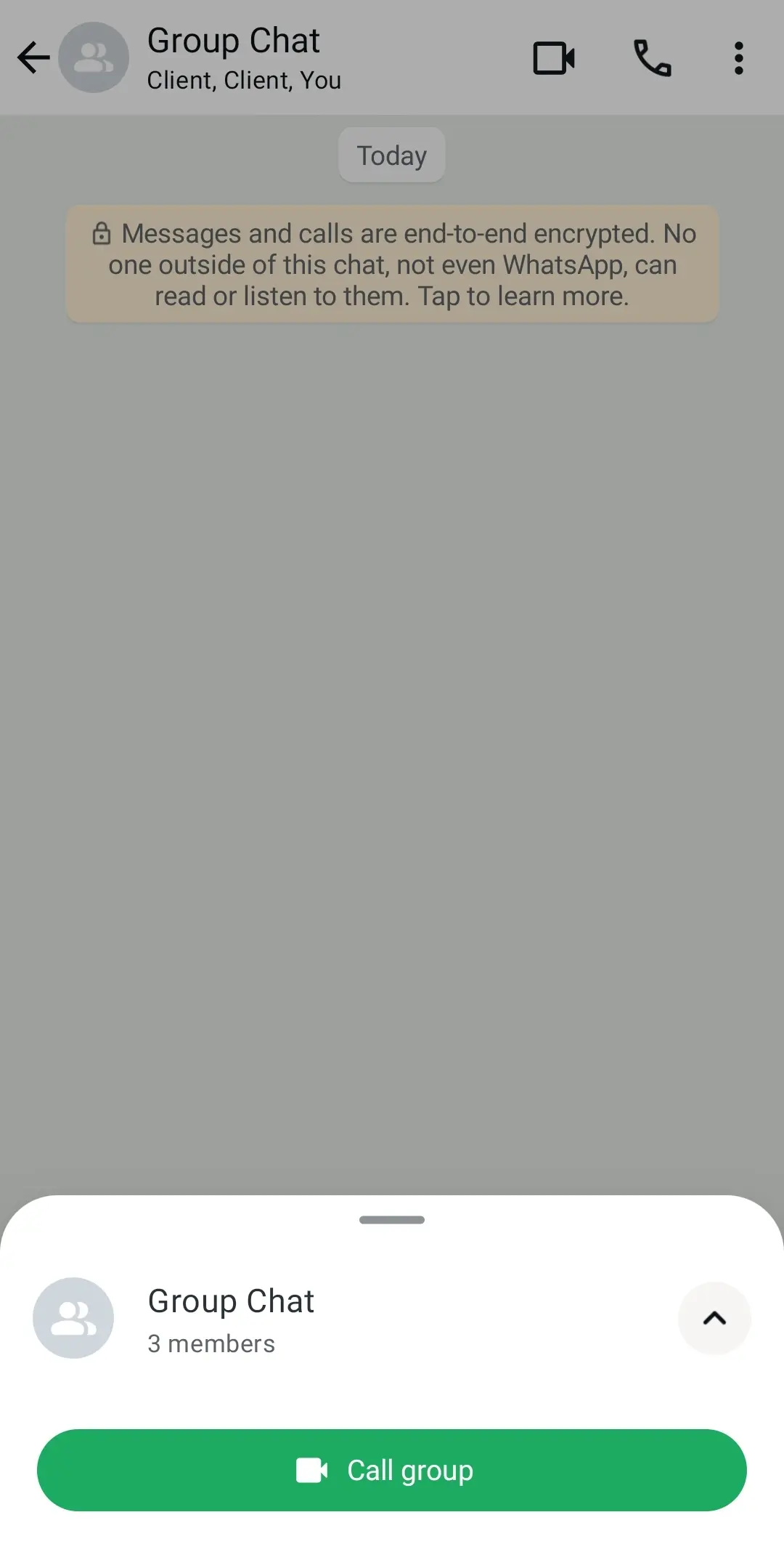 WhatsApp : icônes caméra et combiné pour lancer l’appel dans une discussion de groupe Image: WhatsApp : icônes caméra et combiné pour lancer l’appel dans une discussion de groupe