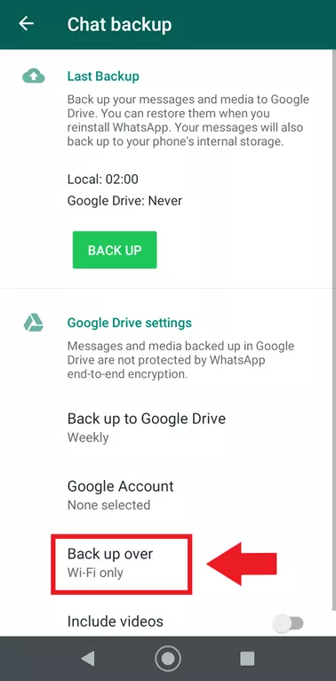 Image: Menu de sauvegarde des discussions WhatsApp avec « Sauvegarder via » (type de réseau)