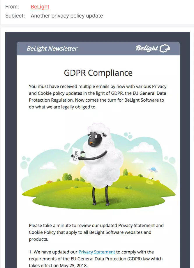 Exemple d’une newsletter de BeLight contenant des informations sur le RGPD