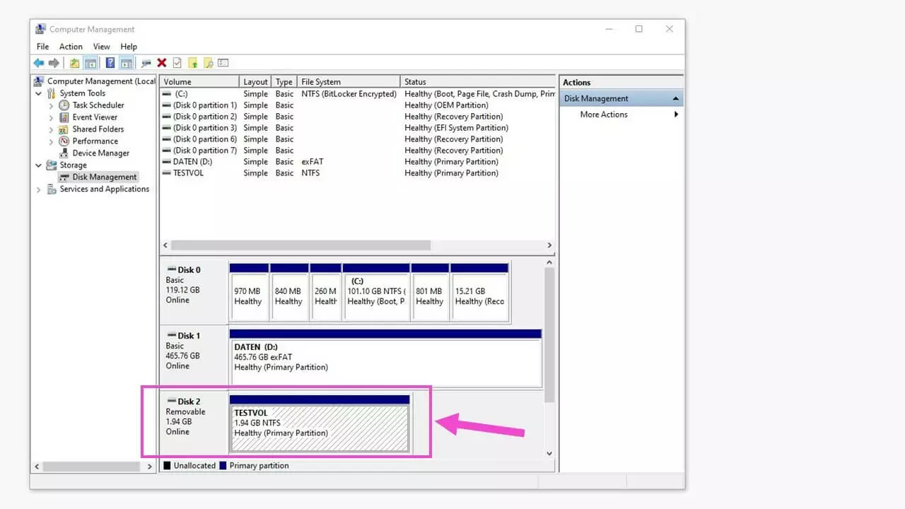 Image: Gestion de l’ordinateur de Windows avec la Gestion des disques activée