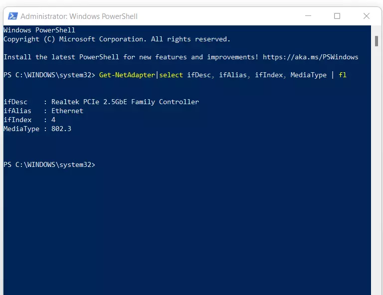 Image: Windows 11 : identification de l'adaptateur via PowerShell