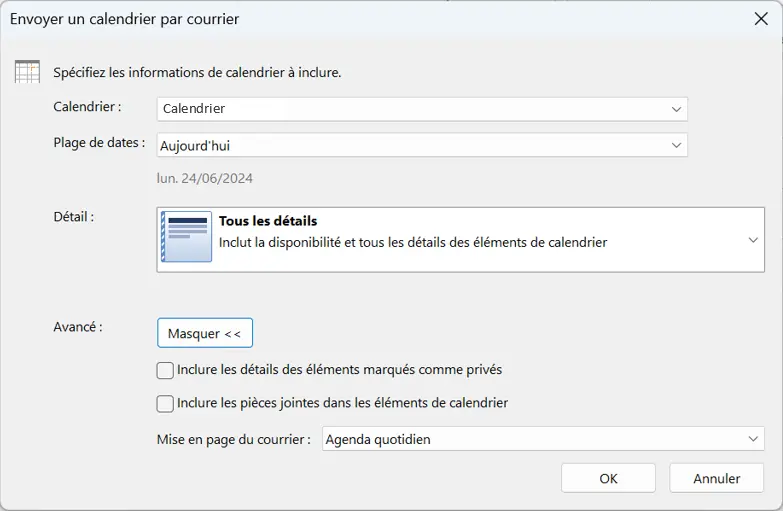 Image: Outlook : options avancées dans la boîte de dialogue « Envoyer le calendrier par courrier »