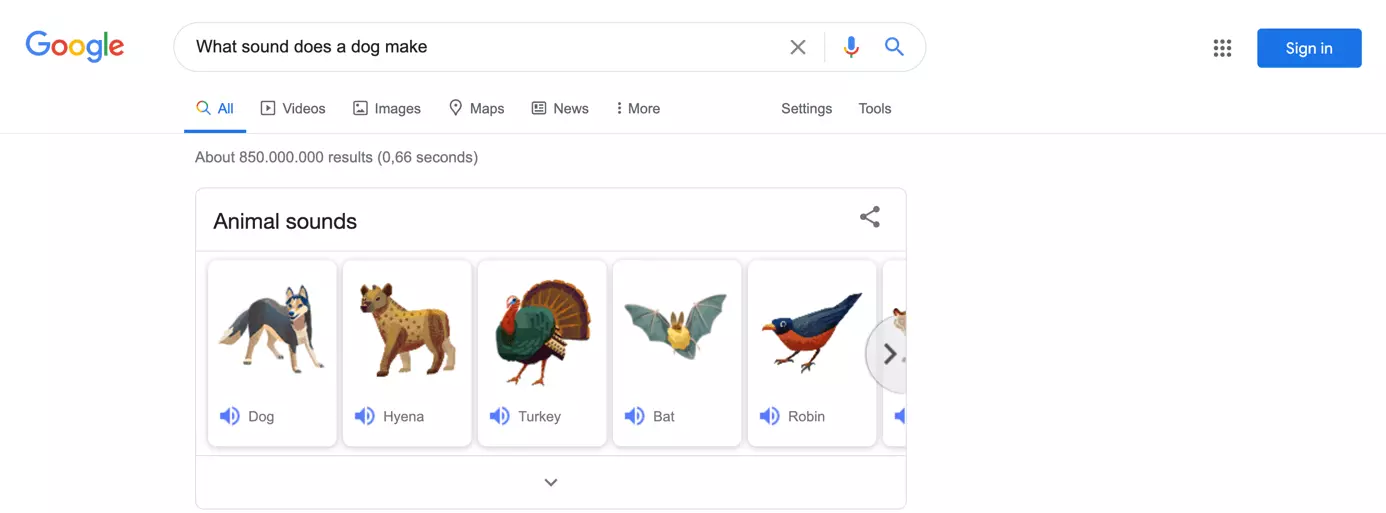 Image: Page de résultats avec des sons d’animaux sur Google