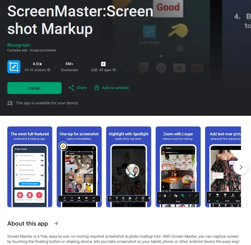 Outil de capture d’écran Screen Master sur le Google Play Store Image: Outil de capture d’écran Screen Master sur le Google Play Store