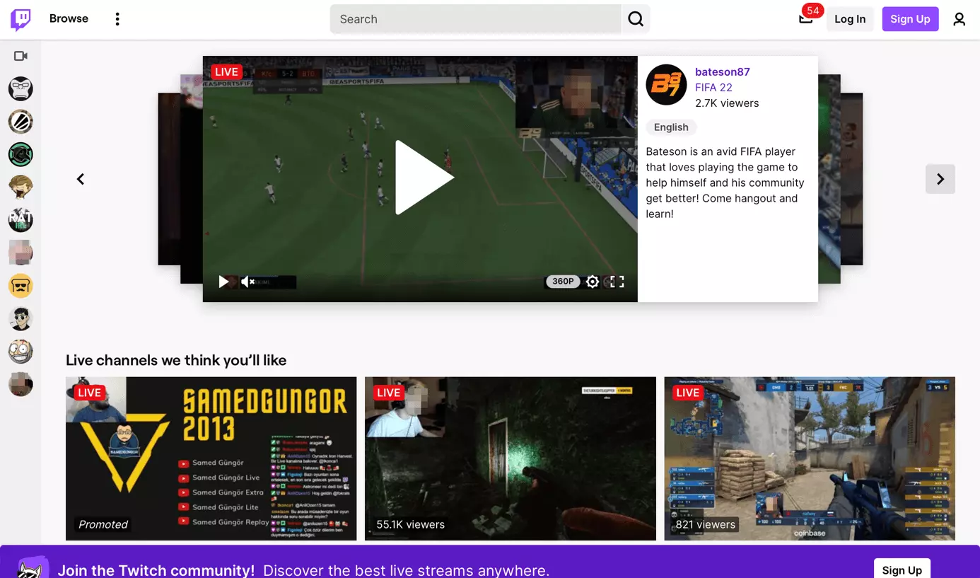Image: Capture d’écran de la page d’accueil de Twitch