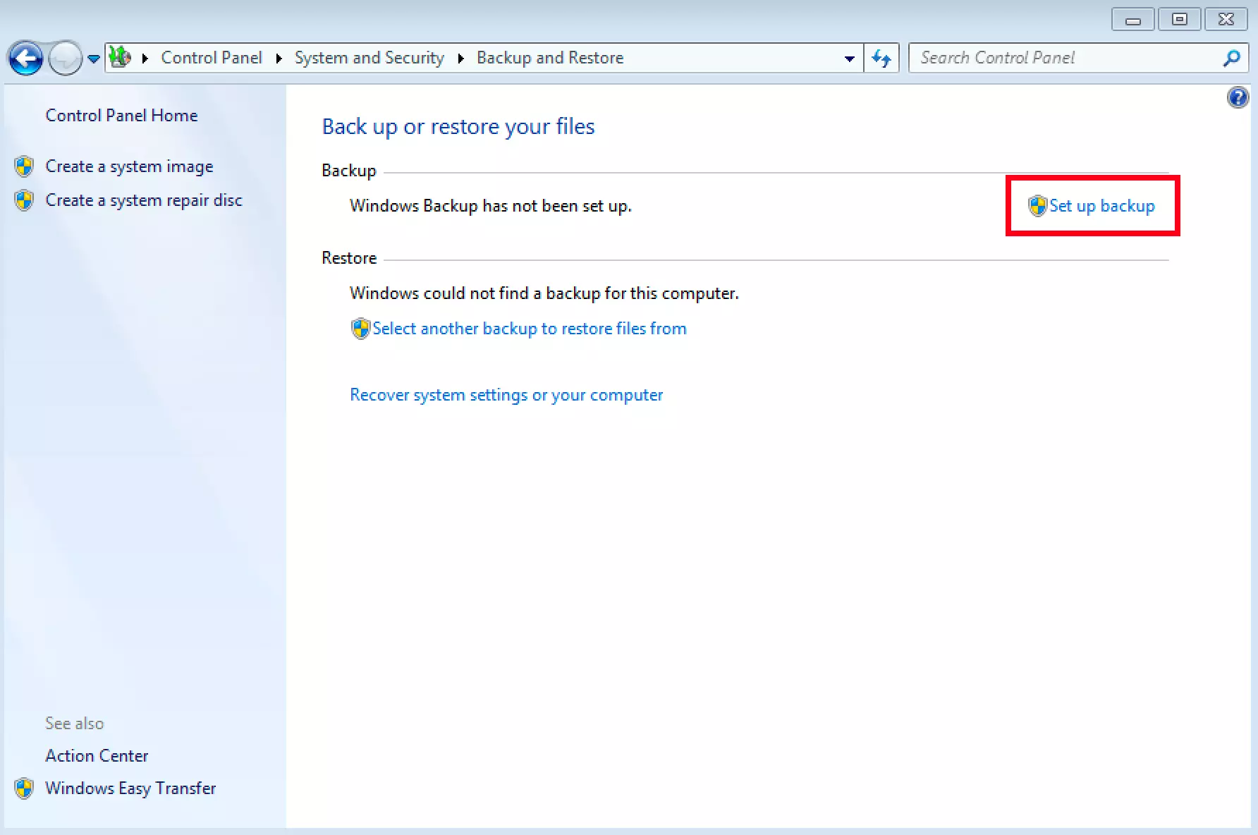 Image: Menu de backup dans Windows 7