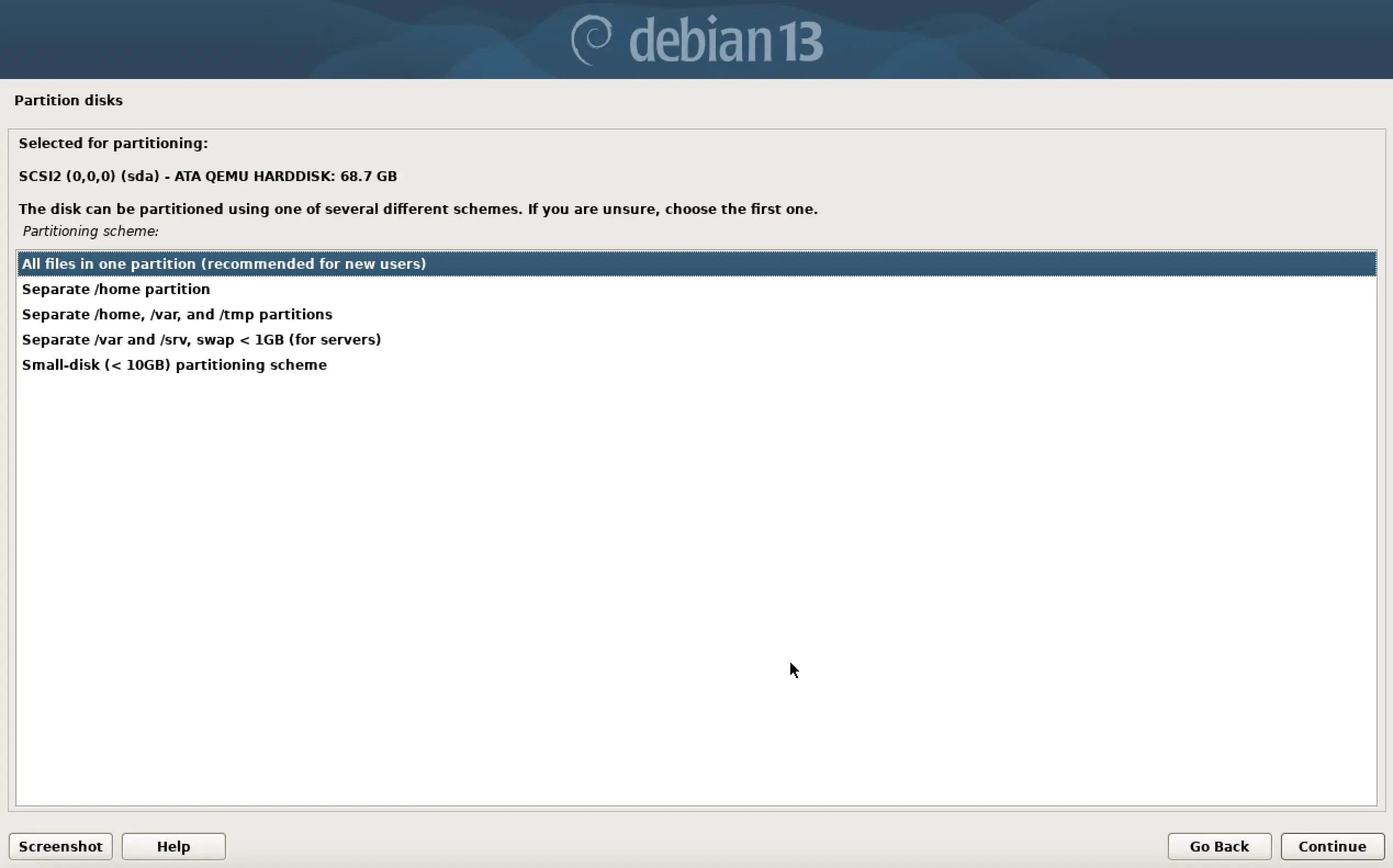 Image: Capture d&rsquo;&eacute;cran de l&rsquo;installation de Debian 13 : m&eacute;thode de partitionnement