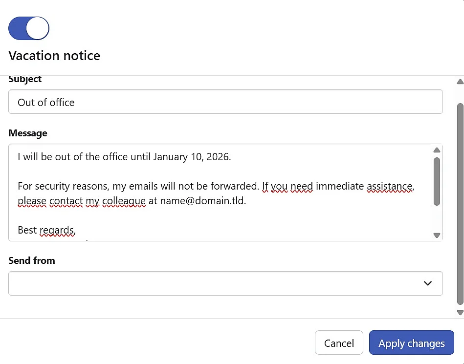 Image: Paramètres du message d’absence dans l’interface Webmail IONOS