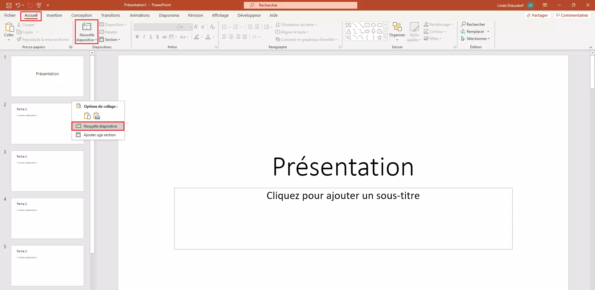 Image: PowerPoint : créer une nouvelle diapositive pour la table des matières