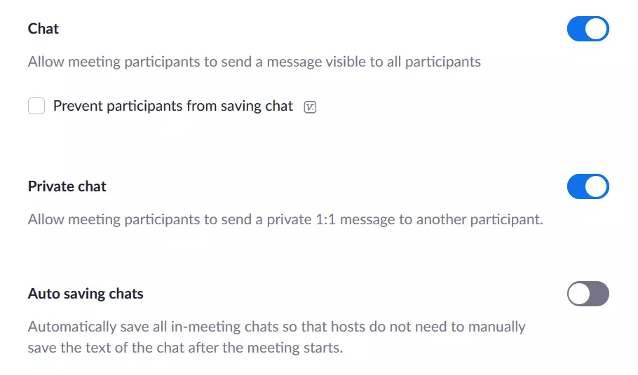 Image: Options de Chat dans les paramètres de Zoom