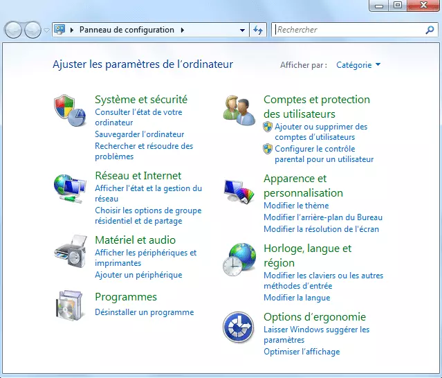 Image: Fenêtre « Panneau de configuration » sous Windows 7
