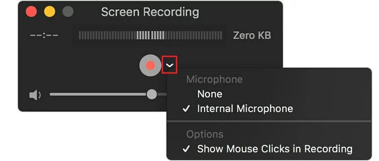 Image: Enregistrement de l’écran via QuickTime Player avec options.