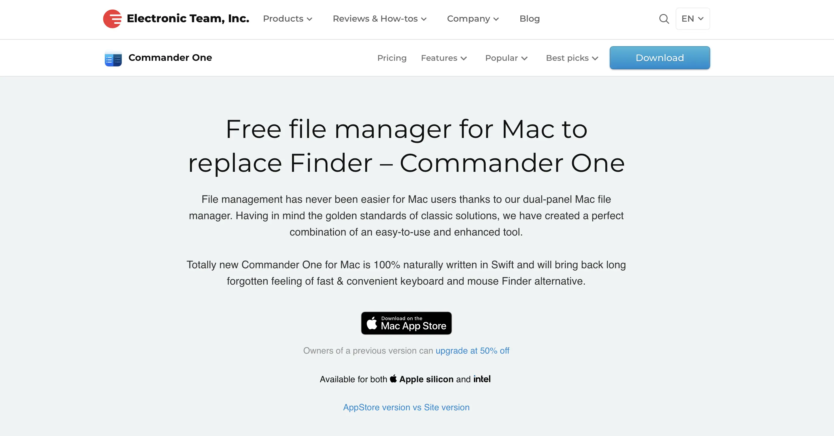 Capture d’écran du site Web de Commander One Image: Capture d’écran du site Web de Commander One
