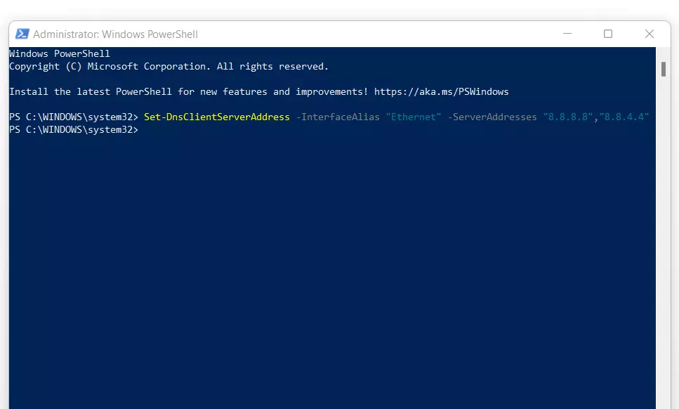 Image: Modifier le serveur DNS via PowerShell