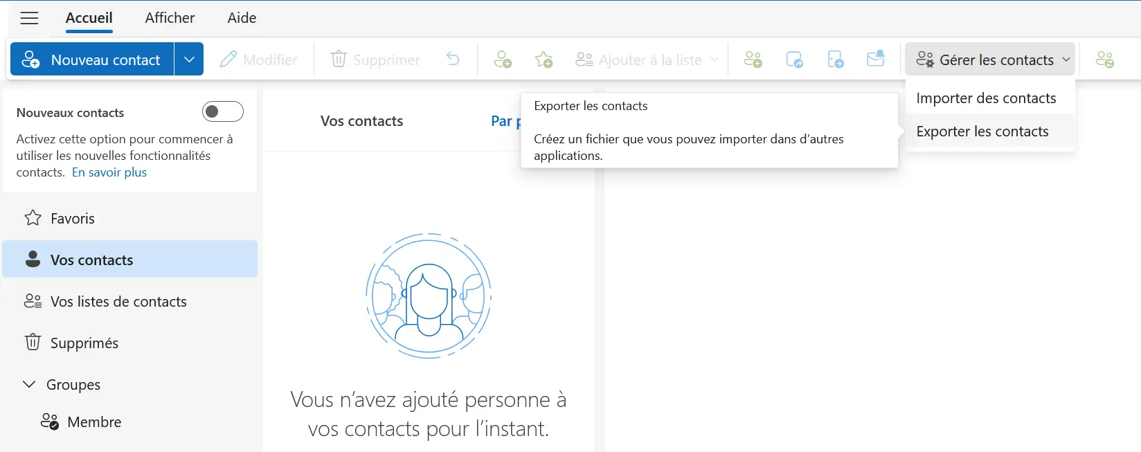 Image: Aperçu de l’onglet Vos Contacts sur Outlook Web